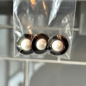 3 Vintage 1980s Black Gold Faux Pearl Round Shank Sewing Buttons Crafting Notion